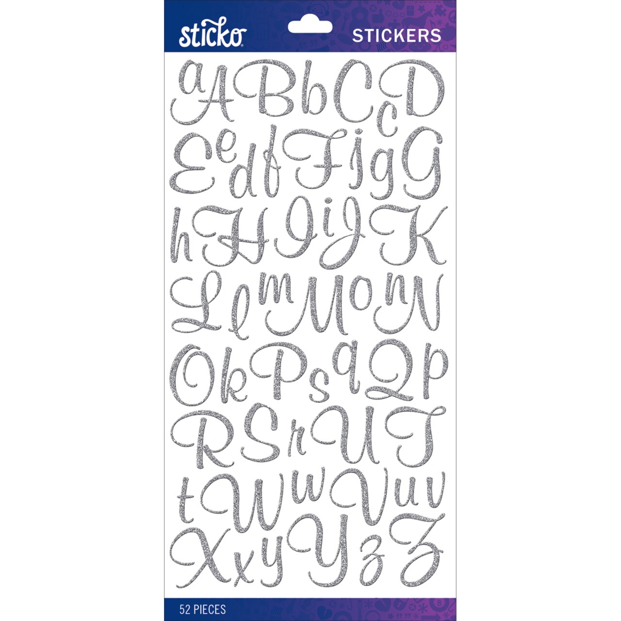 Sticko Alphabet Stickers - Script Small, Silver Glitter, 52pcs